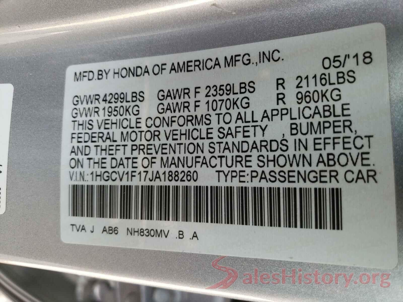 1HGCV1F17JA188260 2018 HONDA ACCORD