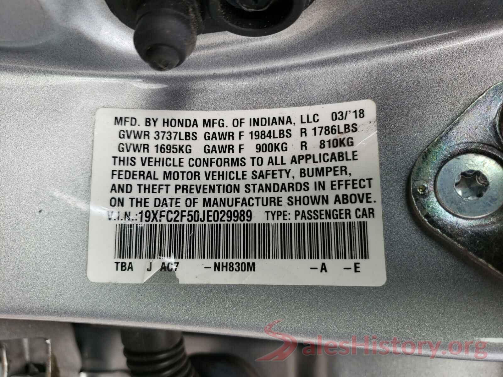 19XFC2F50JE029989 2018 HONDA CIVIC