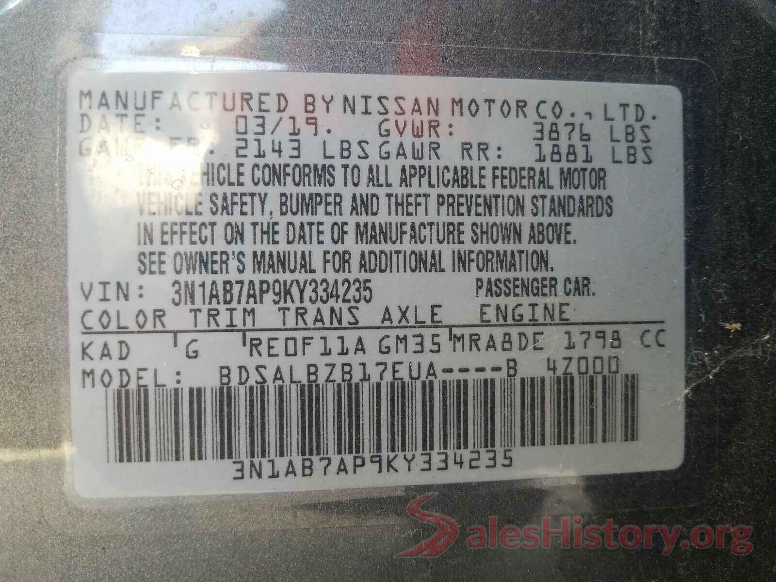 3N1AB7AP9KY334235 2019 NISSAN SENTRA