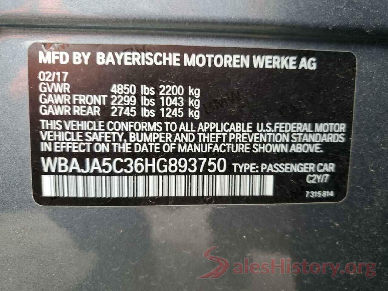 WBAJA5C36HG893750 2017 BMW 5 SERIES