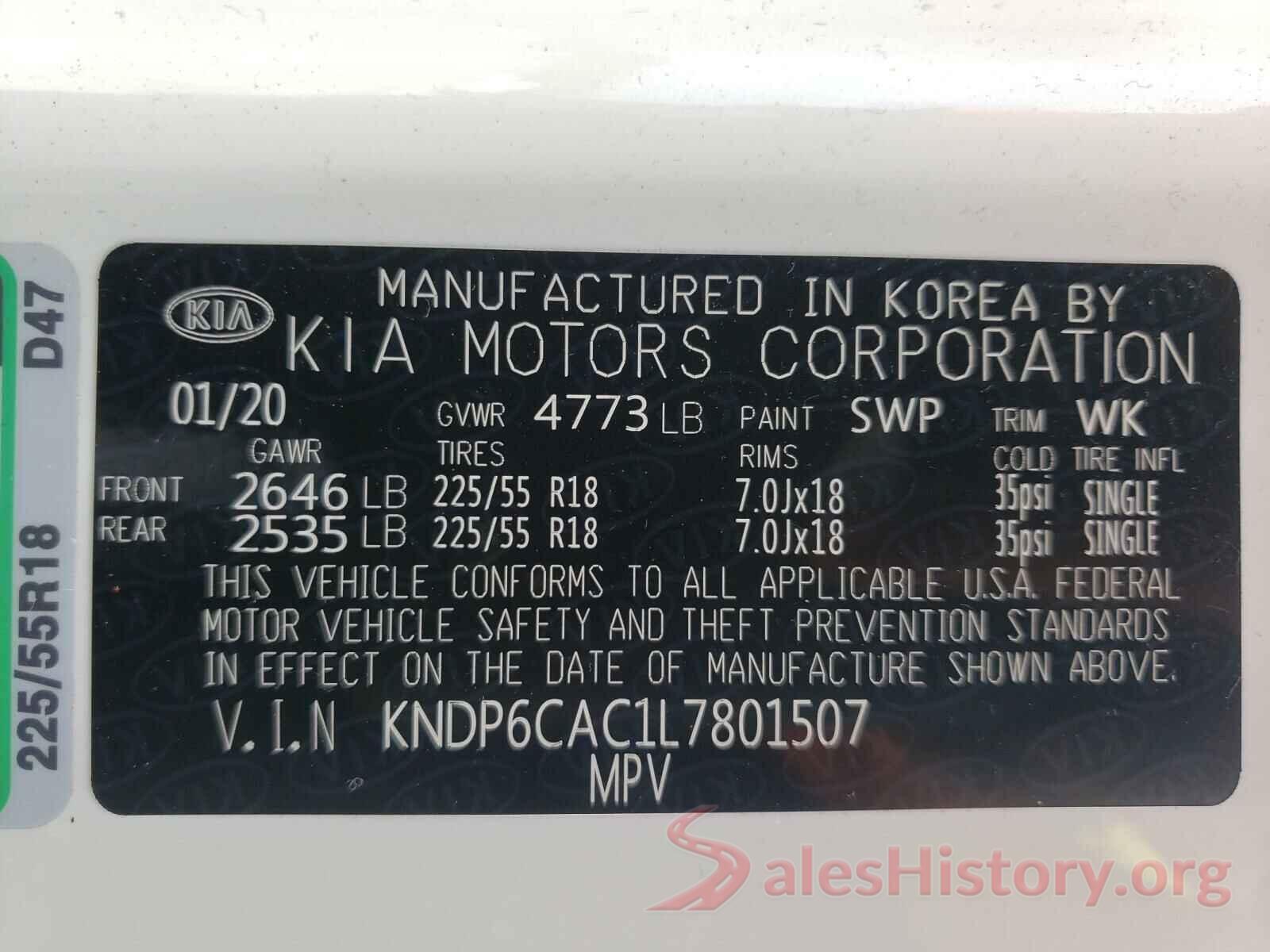 KNDP6CAC1L7801507 2020 KIA SPORTAGE