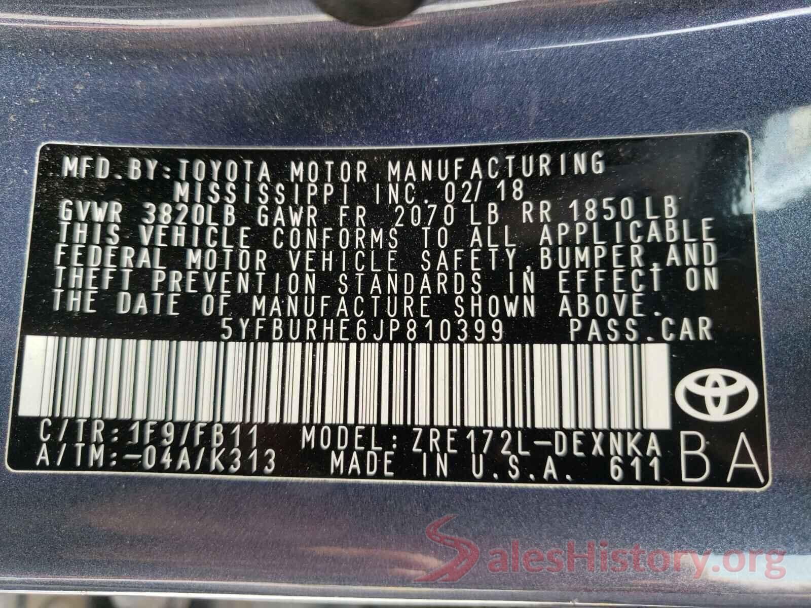 5YFBURHE6JP810399 2018 TOYOTA COROLLA