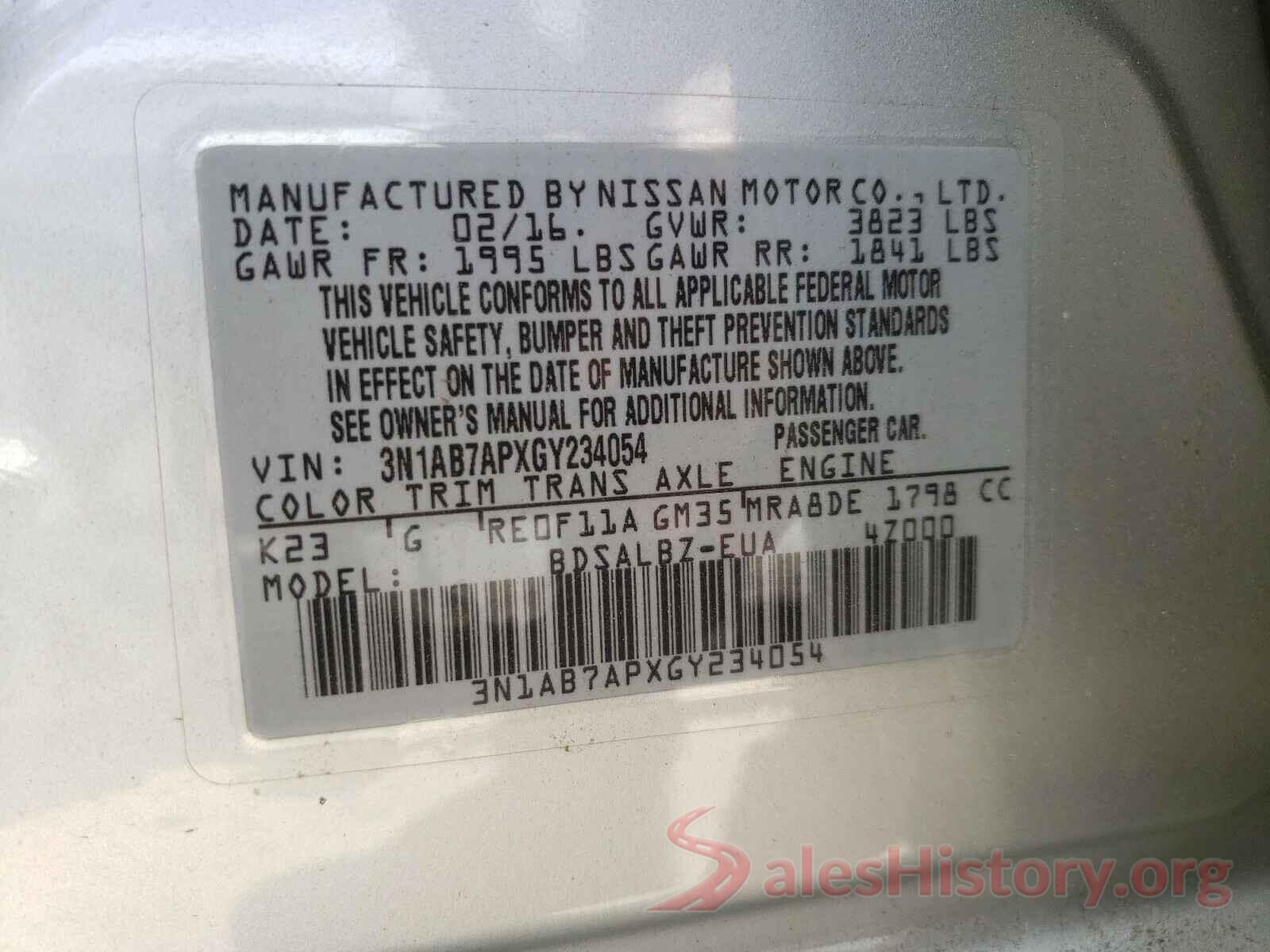 3N1AB7APXGY234054 2016 NISSAN SENTRA