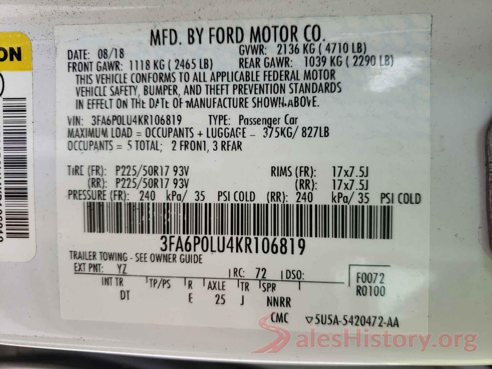 3FA6P0LU4KR106819 2019 FORD FUSION