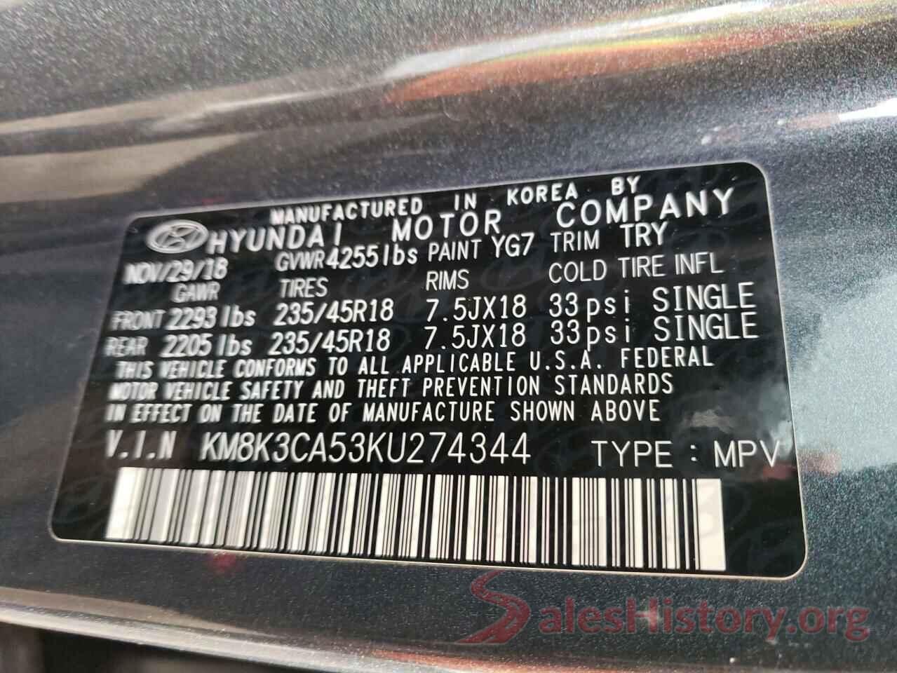 KM8K3CA53KU274344 2019 HYUNDAI KONA