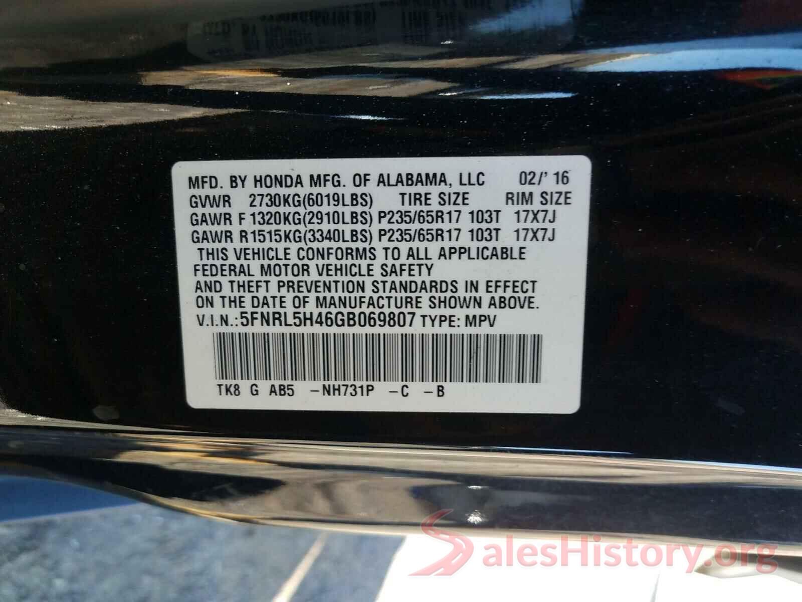 5FNRL5H46GB069807 2016 HONDA ODYSSEY