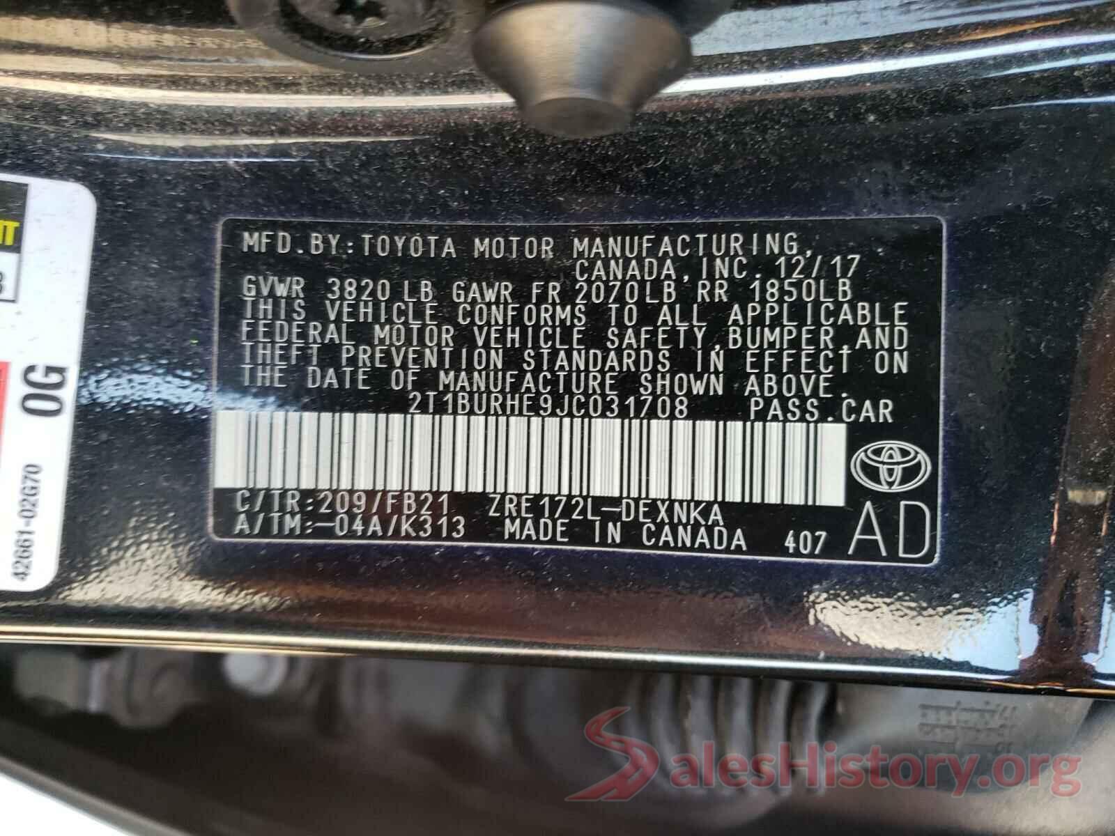 2T1BURHE9JC031708 2018 TOYOTA COROLLA