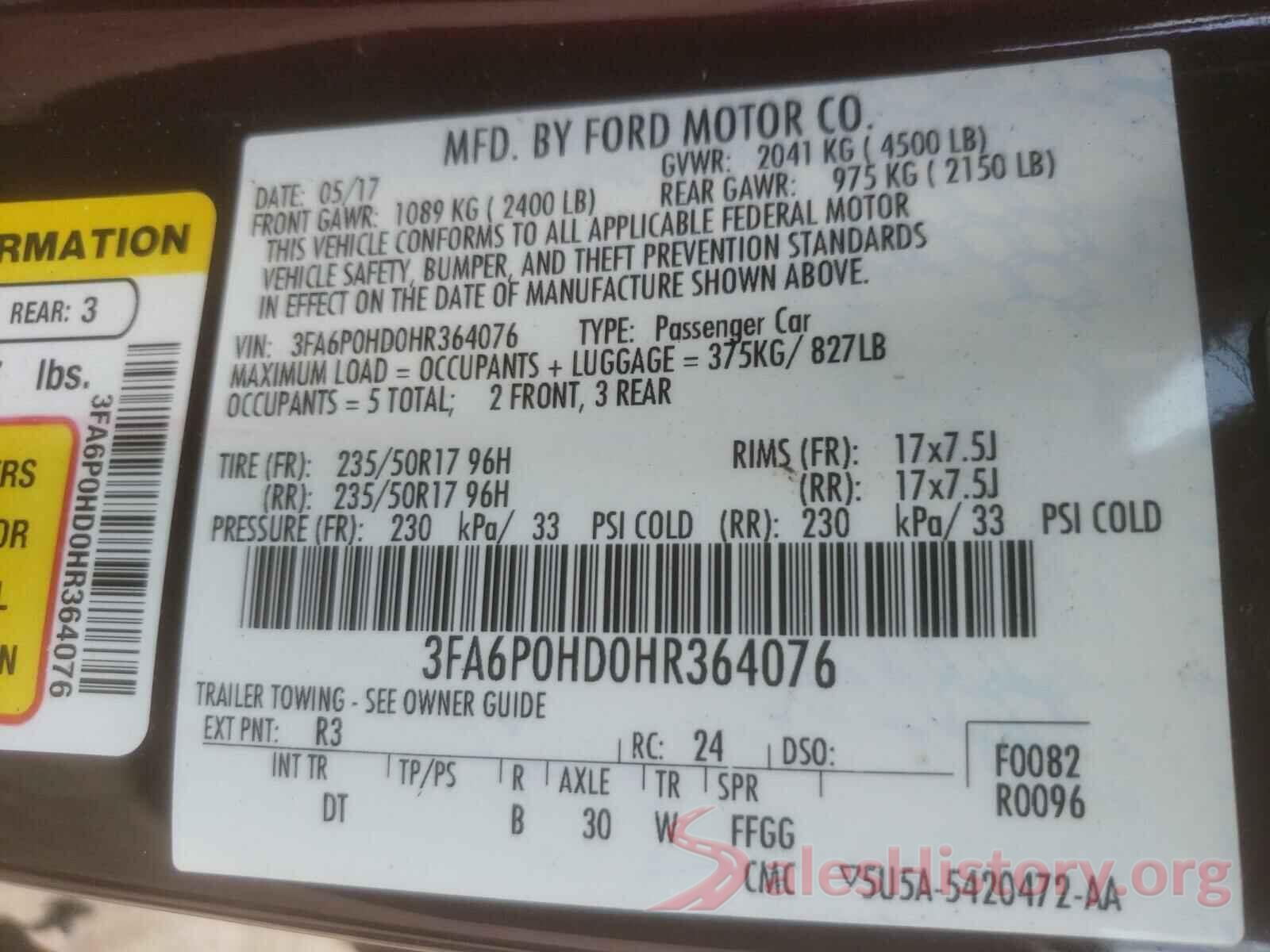 3FA6P0HD0HR364076 2017 FORD FUSION