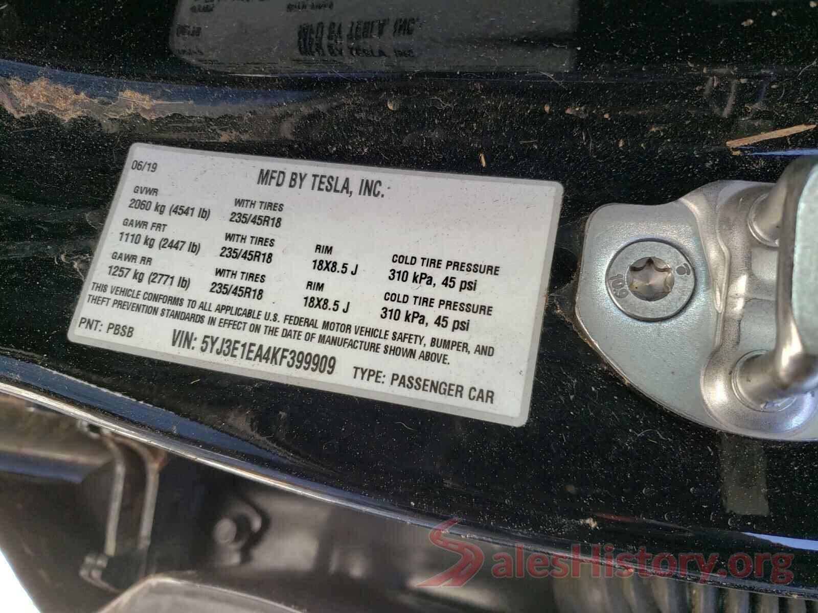 5YJ3E1EA4KF399909 2019 TESLA MODEL 3