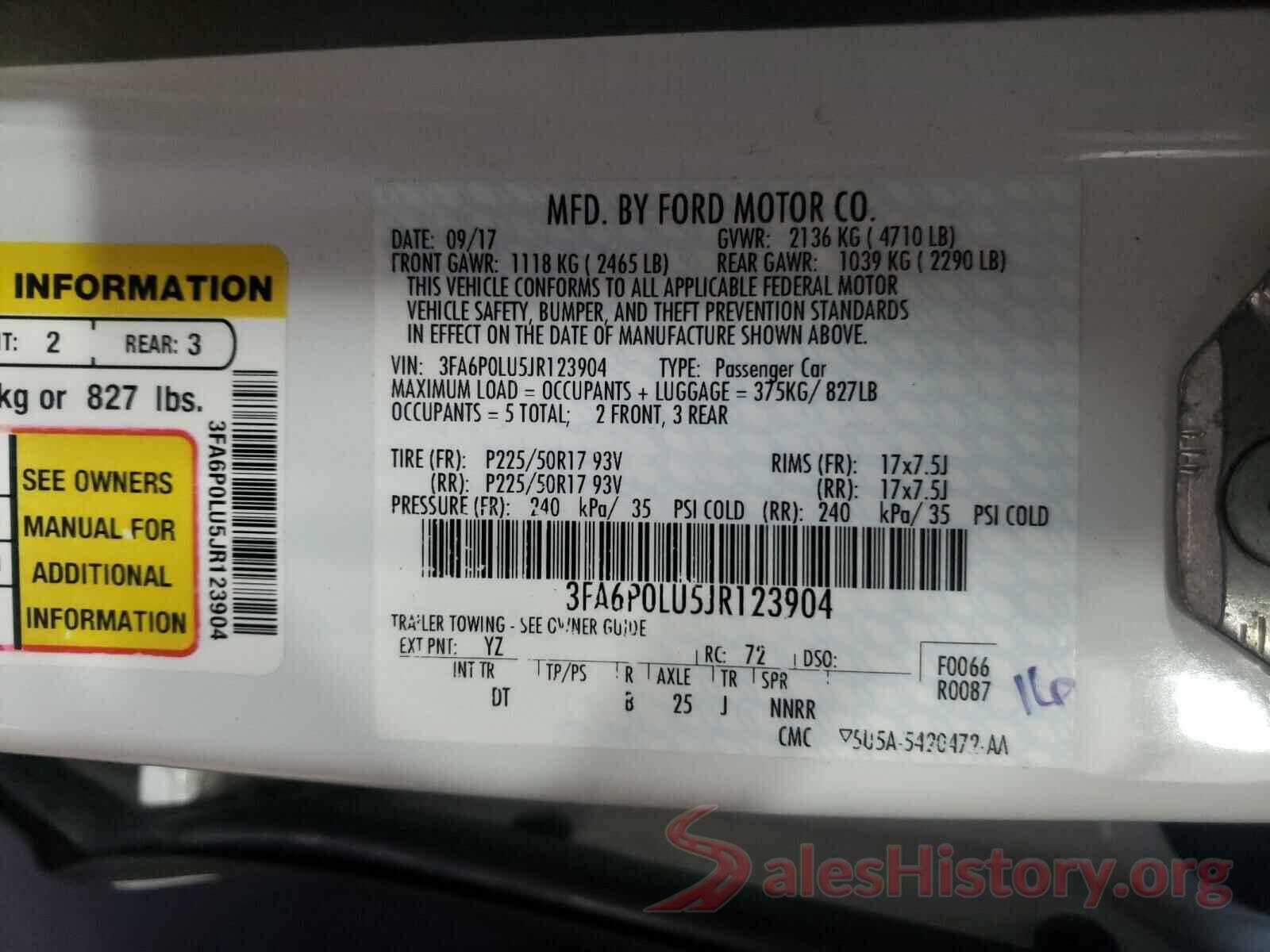 3FA6P0LU5JR123904 2018 FORD FUSION