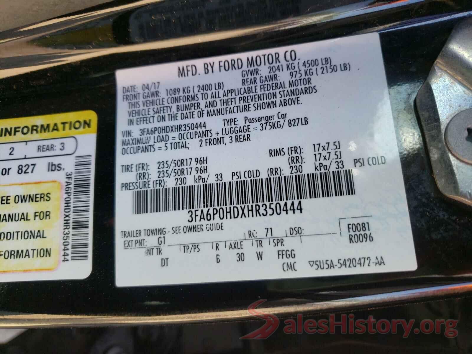 3FA6P0HDXHR350444 2017 FORD FUSION