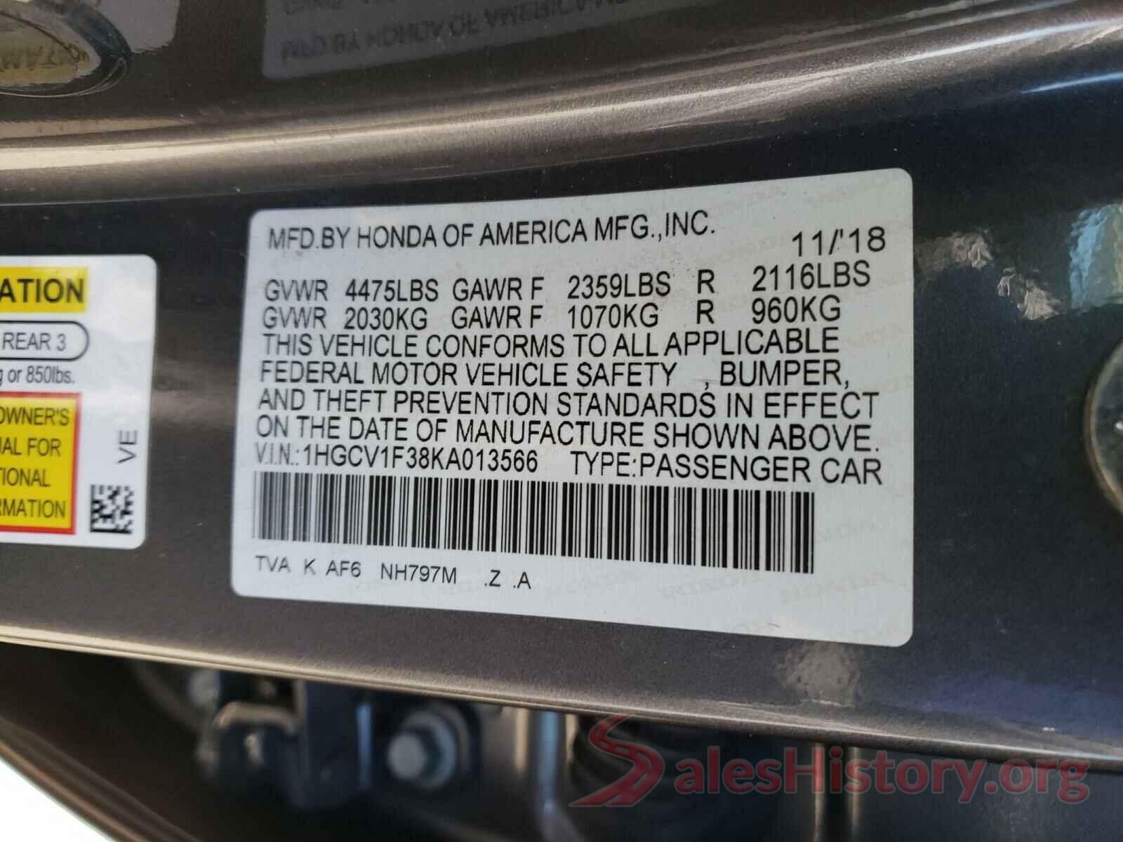 1HGCV1F38KA013566 2019 HONDA ACCORD