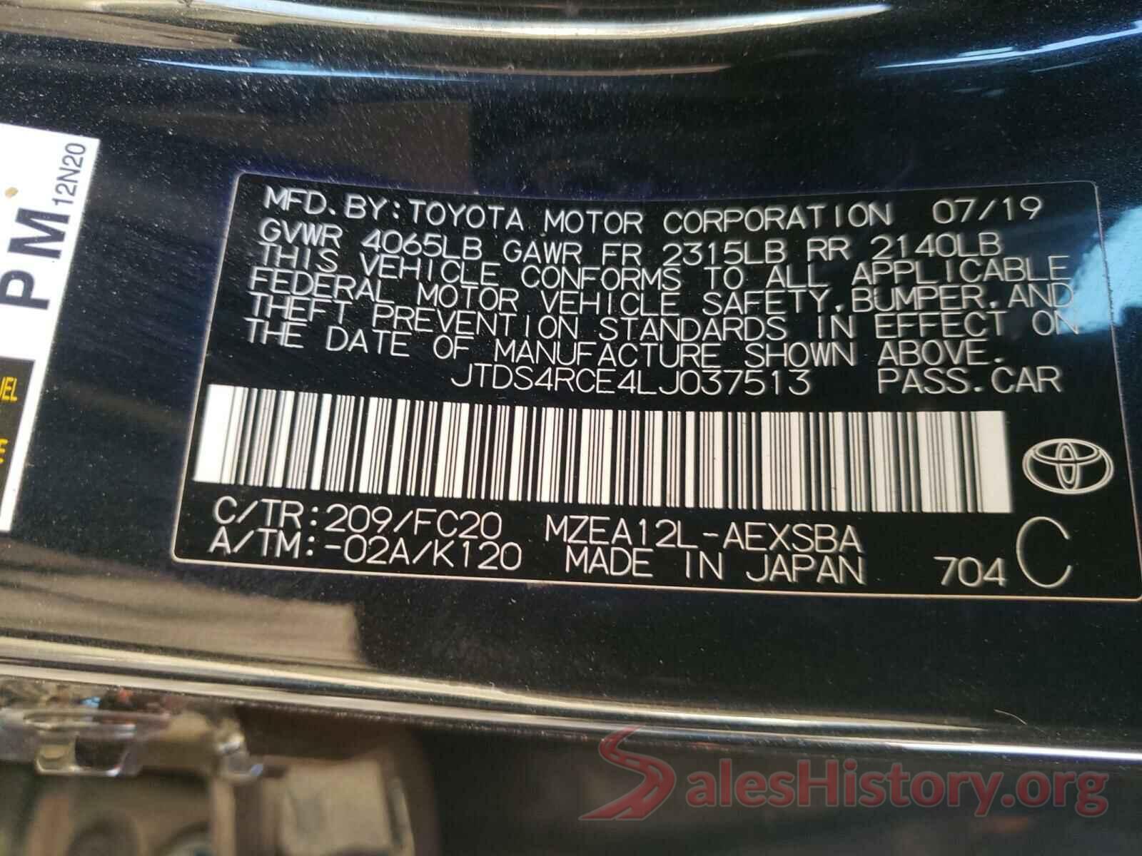 JTDS4RCE4LJ037513 2020 TOYOTA COROLLA