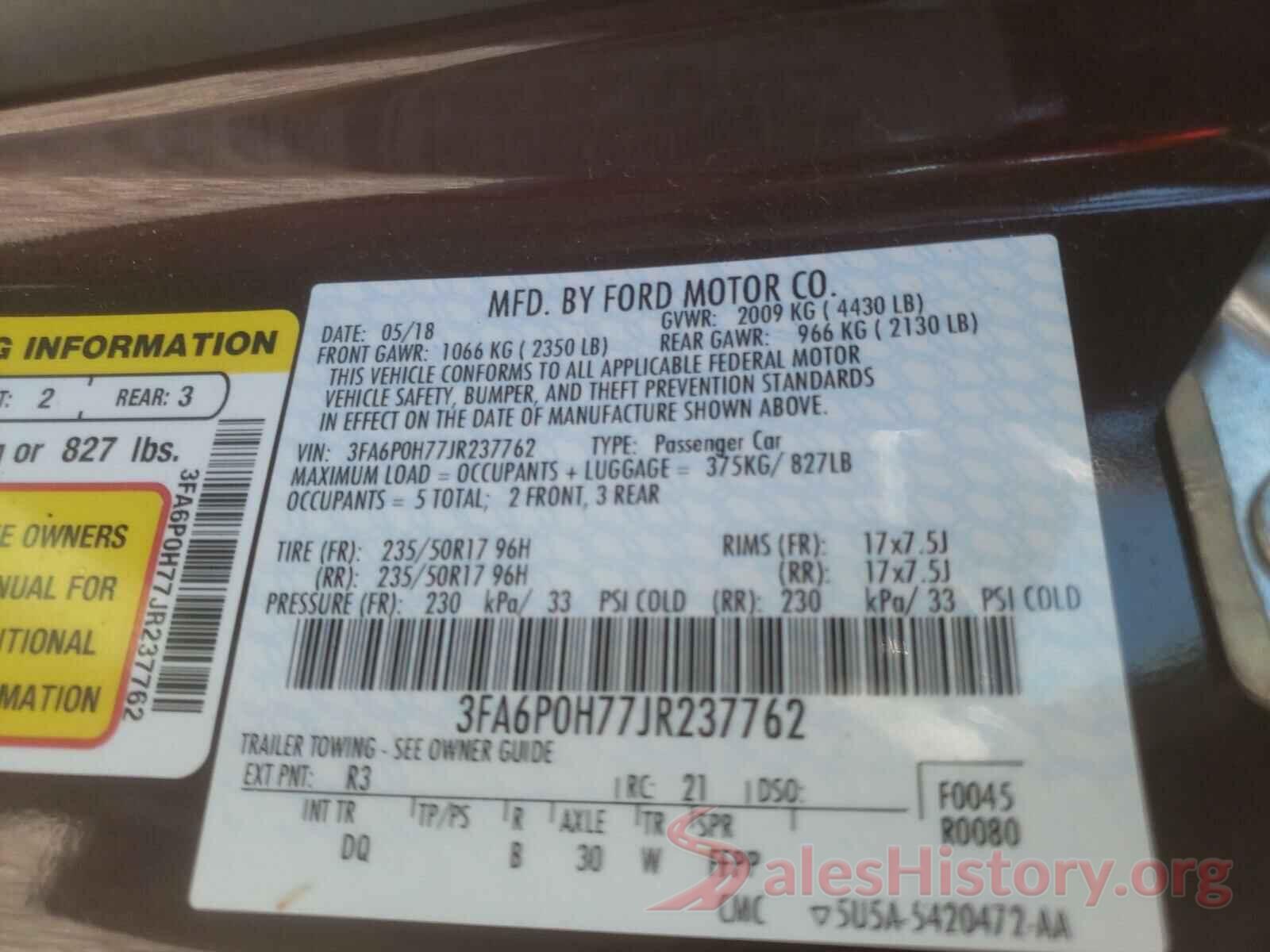 3FA6P0H77JR237762 2018 FORD FUSION