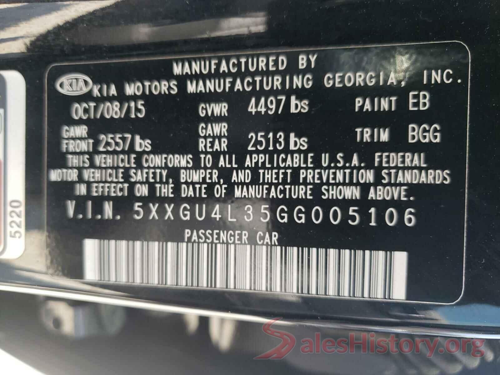 5XXGU4L35GG005106 2016 KIA OPTIMA