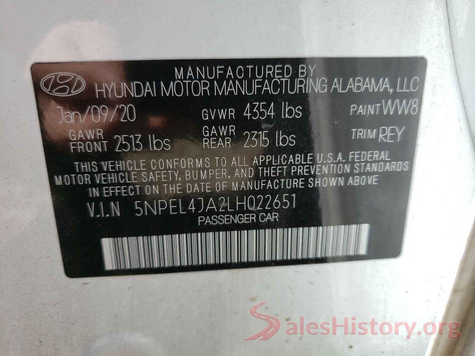 5NPEL4JA2LH022651 2020 HYUNDAI SONATA