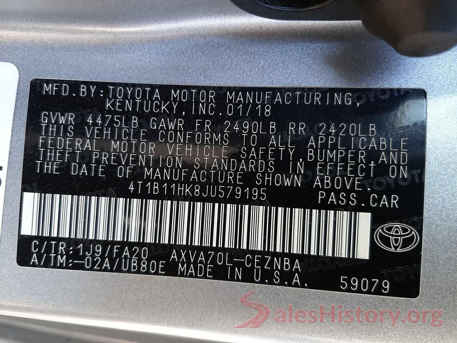 4T1B11HK8JU579195 2018 TOYOTA CAMRY