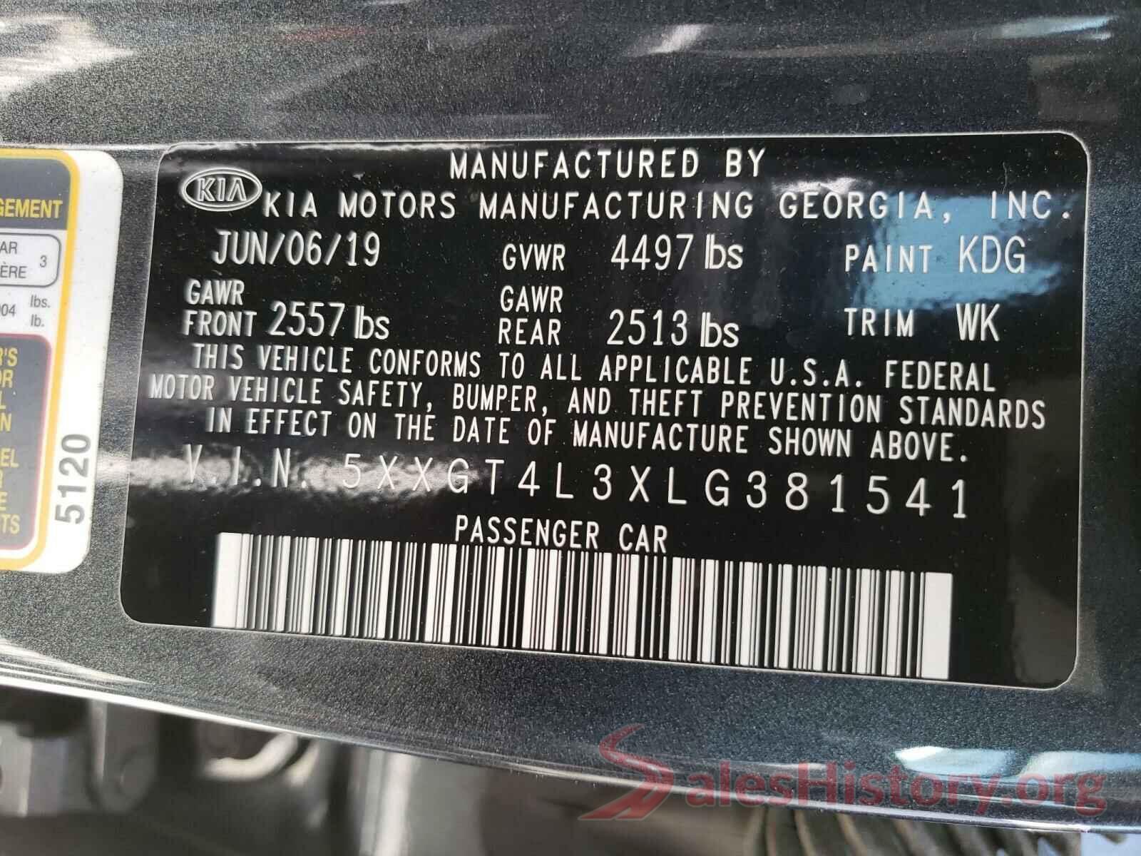 5XXGT4L3XLG381541 2020 KIA OPTIMA