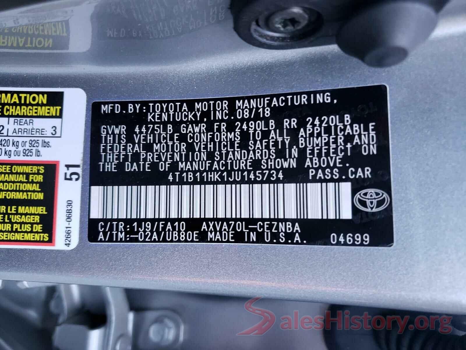 4T1B11HK1JU145734 2018 TOYOTA CAMRY