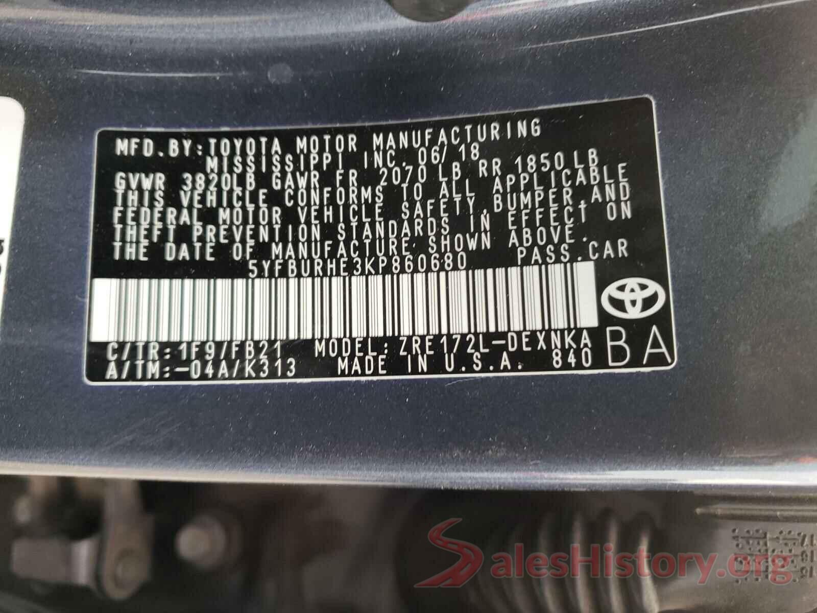 5YFBURHE3KP860680 2019 TOYOTA COROLLA