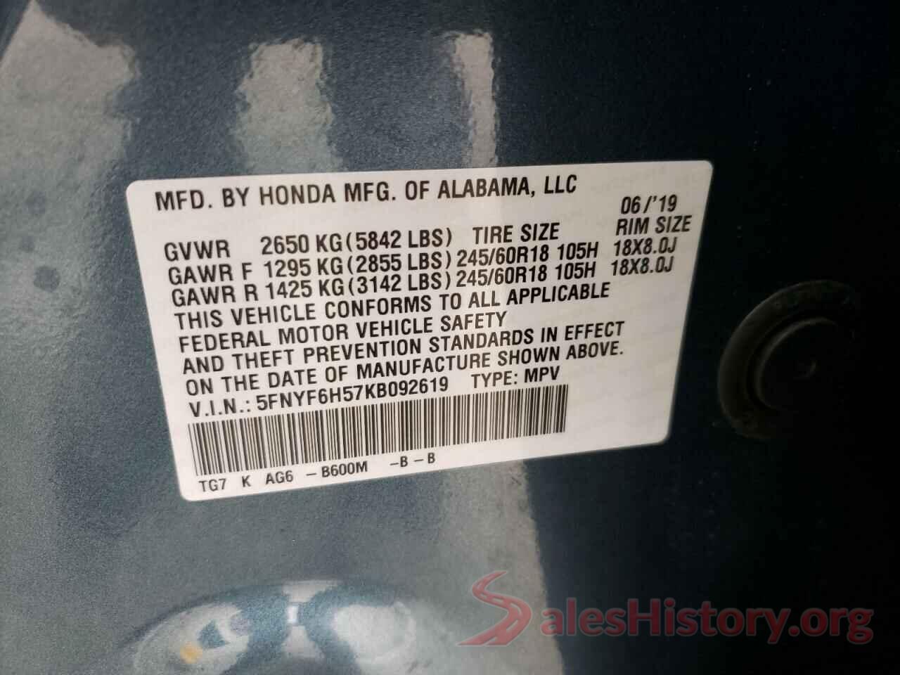 5FNYF6H57KB092619 2019 HONDA PILOT