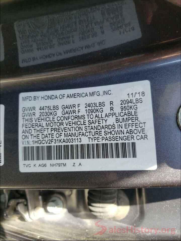 1HGCV2F31KA003113 2019 HONDA ACCORD