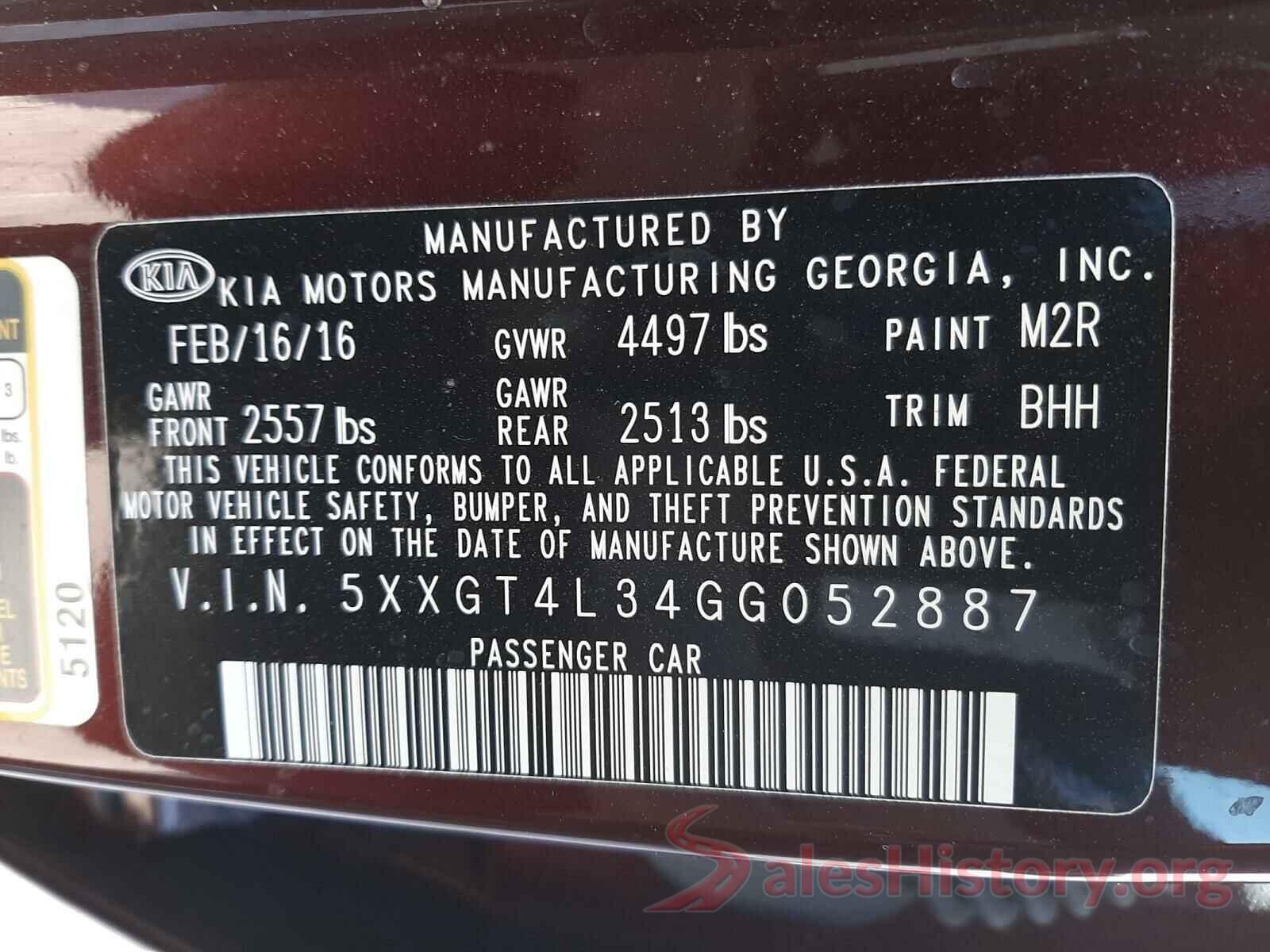 5XXGT4L34GG052887 2016 KIA OPTIMA