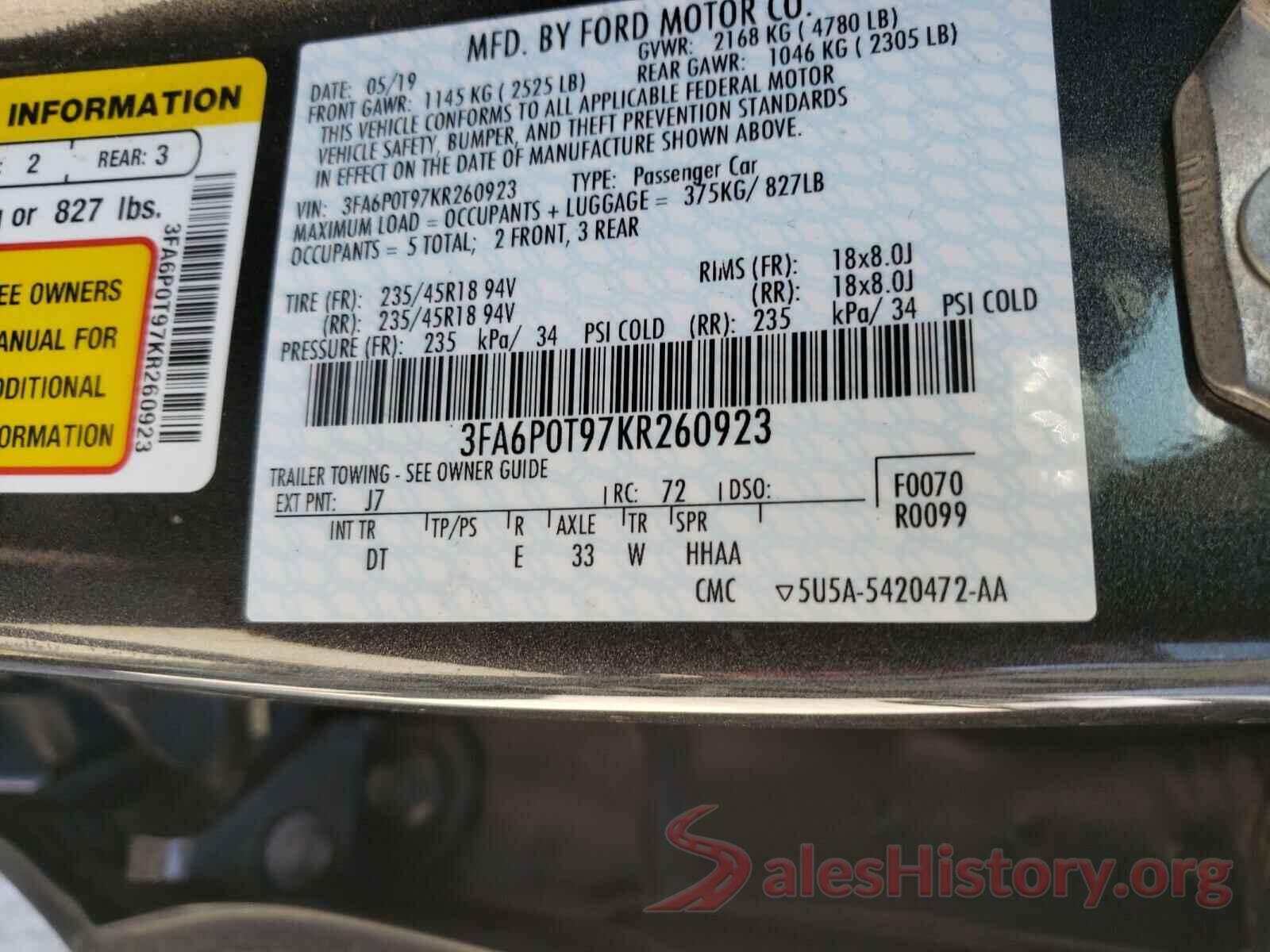 3FA6P0T97KR260923 2019 FORD FUSION