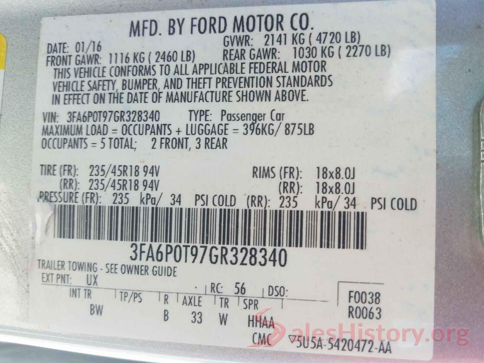 3FA6P0T97GR328340 2016 FORD FUSION