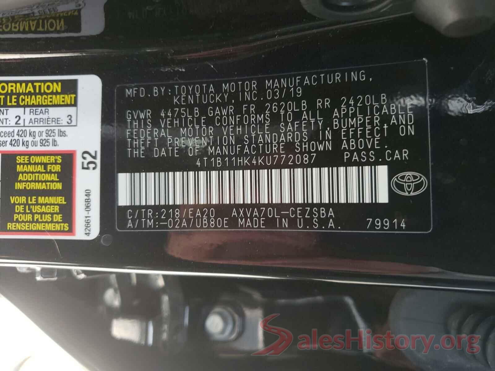 4T1B11HK4KU772087 2019 TOYOTA CAMRY