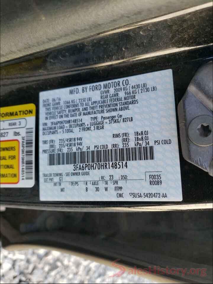 3FA6P0H70HR148514 2017 FORD FUSION