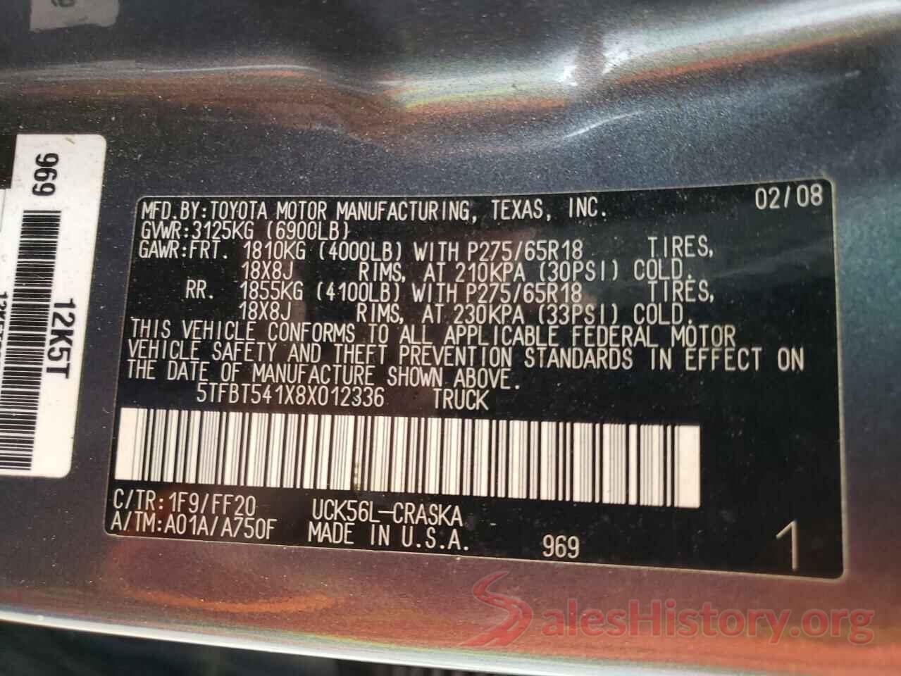 5TFBT541X8X012336 2008 TOYOTA TUNDRA