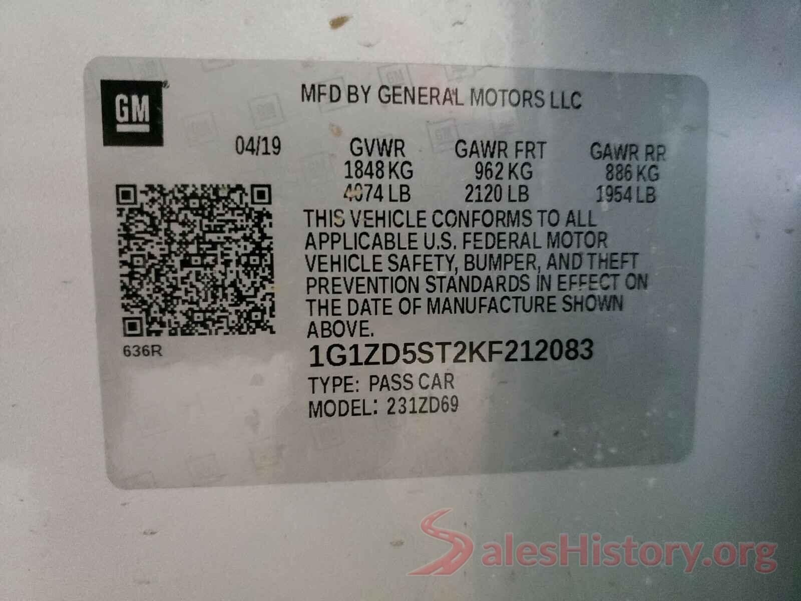 1G1ZD5ST2KF212083 2019 CHEVROLET MALIBU