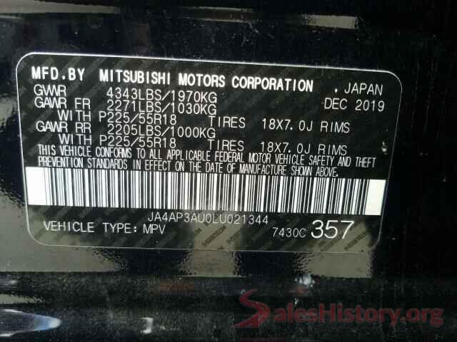 JA4AP3AU0LU021344 2020 MITSUBISHI OUTLANDER