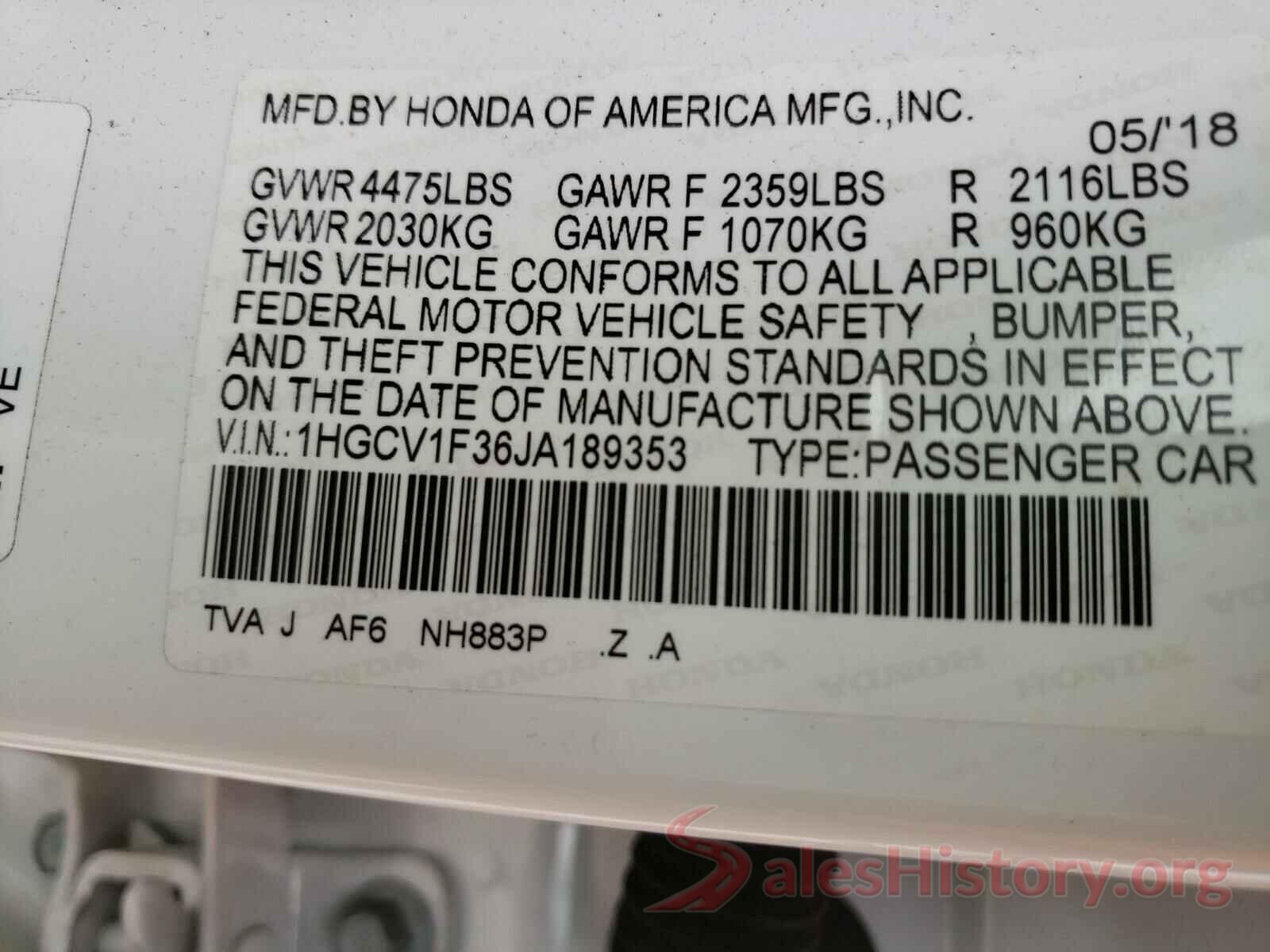 1HGCV1F36JA189353 2018 HONDA ACCORD