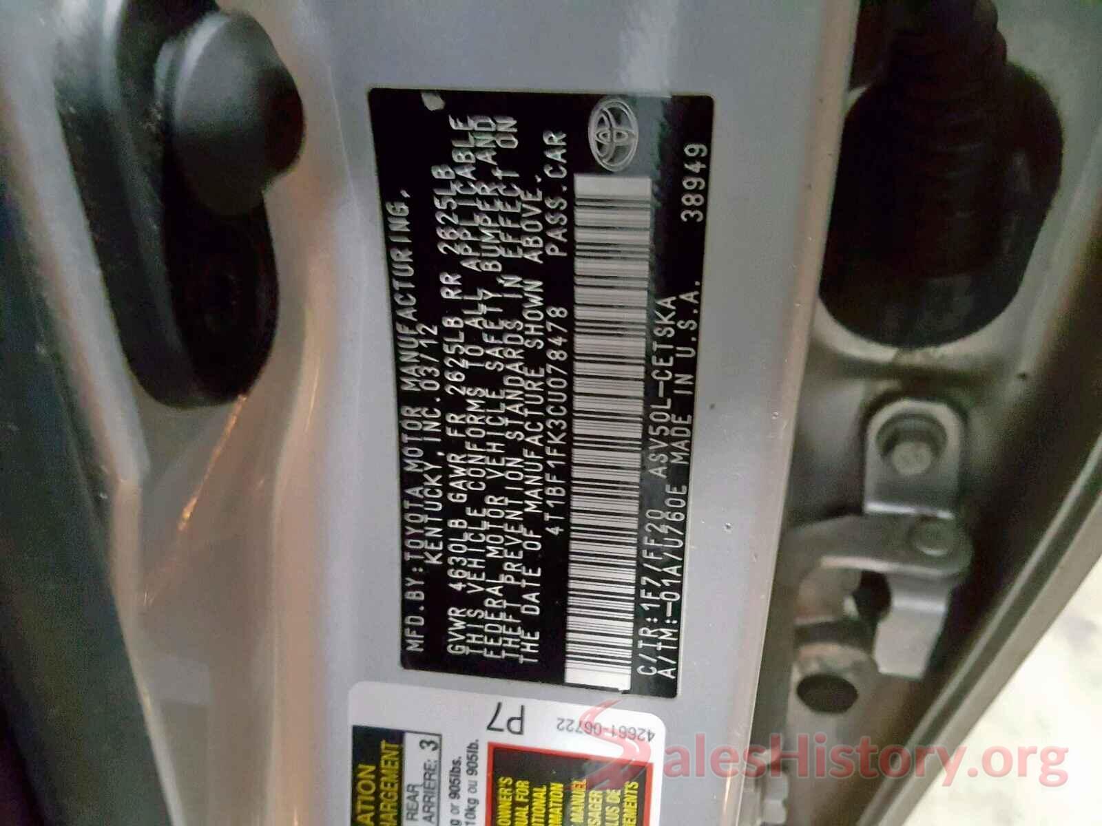 4T1BF1FK3CU078478 2012 TOYOTA CAMRY BASE