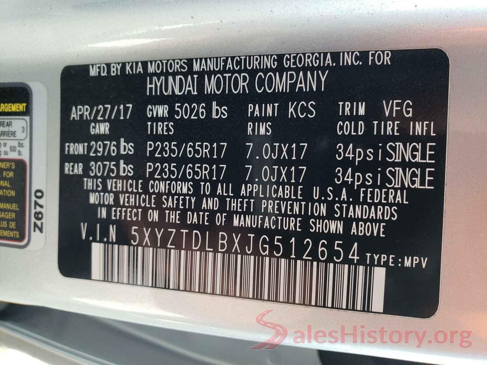 5XYZTDLBXJG512654 2018 HYUNDAI SANTA FE