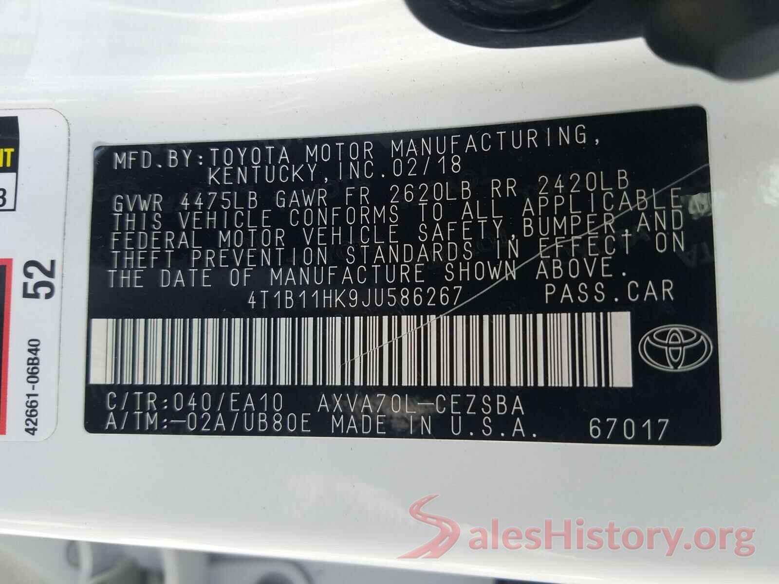 4T1B11HK9JU586267 2018 TOYOTA CAMRY