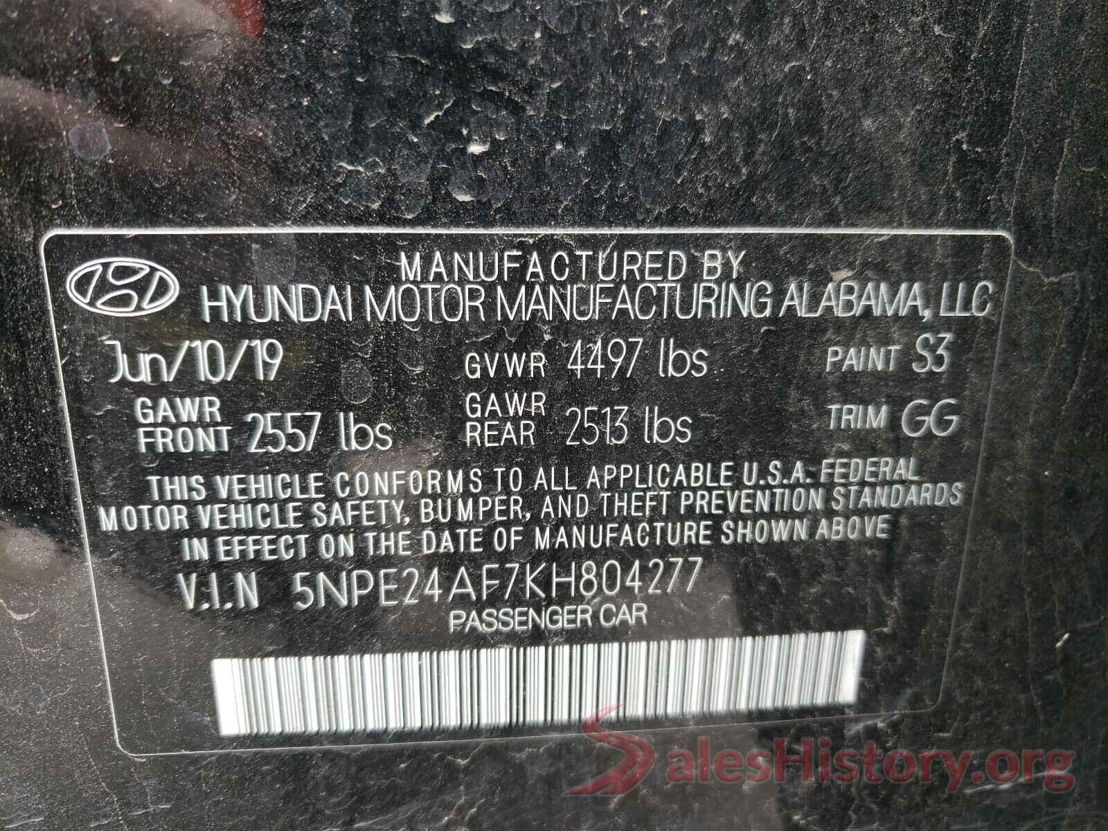 5NPE24AF7KH804277 2019 HYUNDAI SONATA