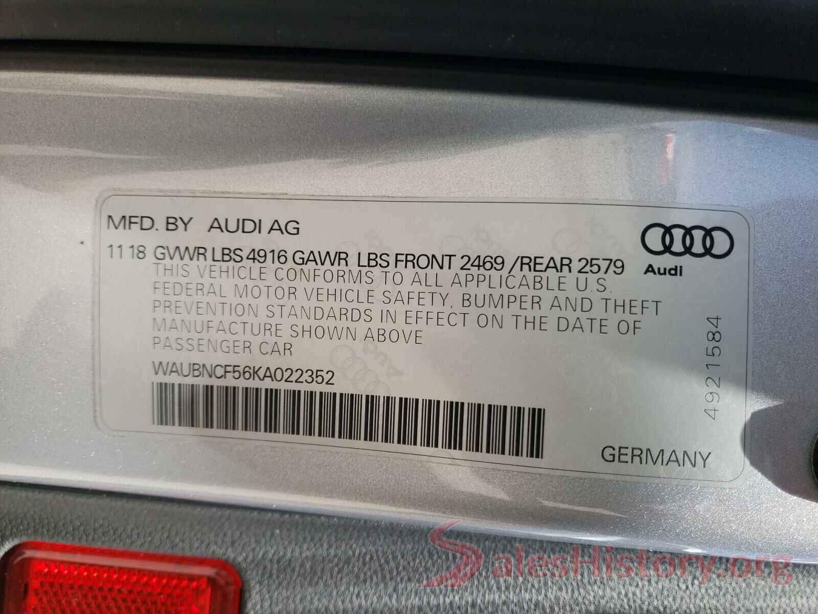 WAUBNCF56KA022352 2019 AUDI A5