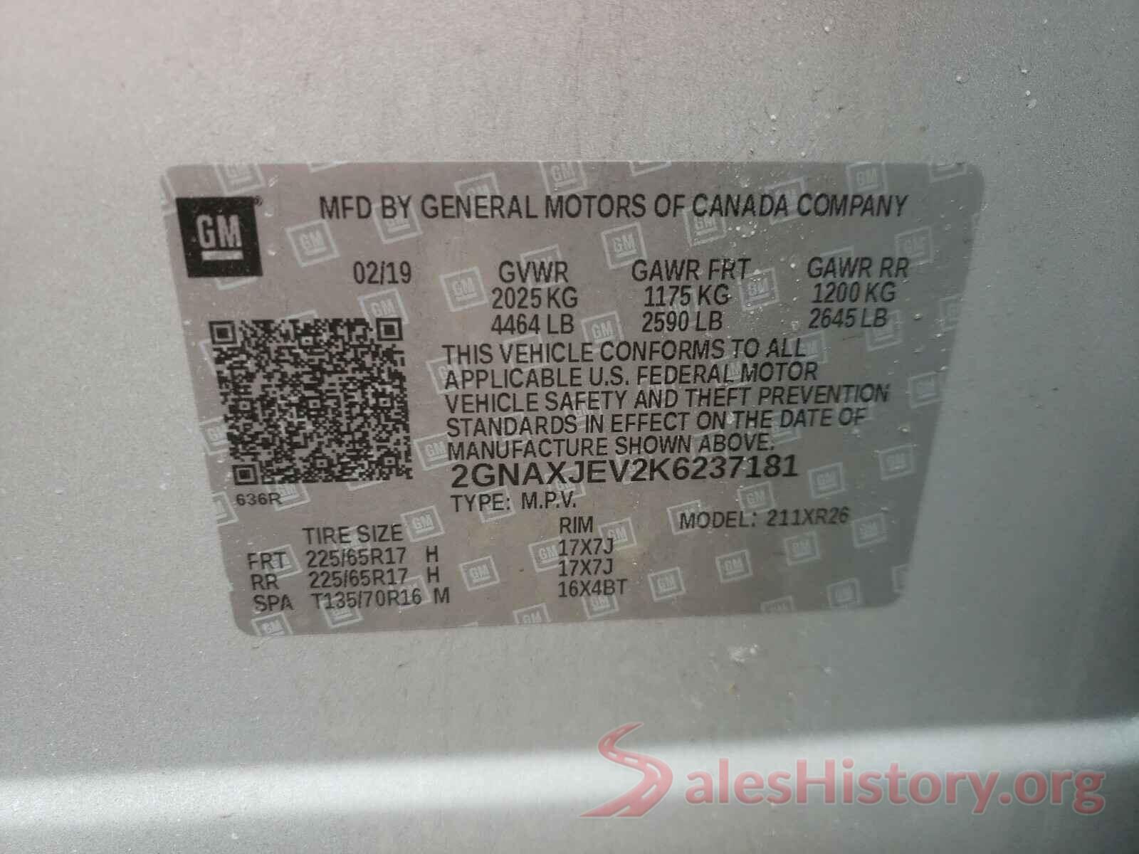 2GNAXJEV2K6237181 2019 CHEVROLET EQUINOX