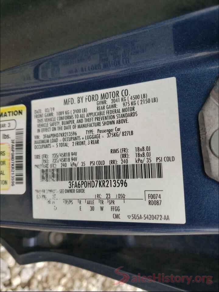 3FA6P0HD7KR213596 2019 FORD FUSION