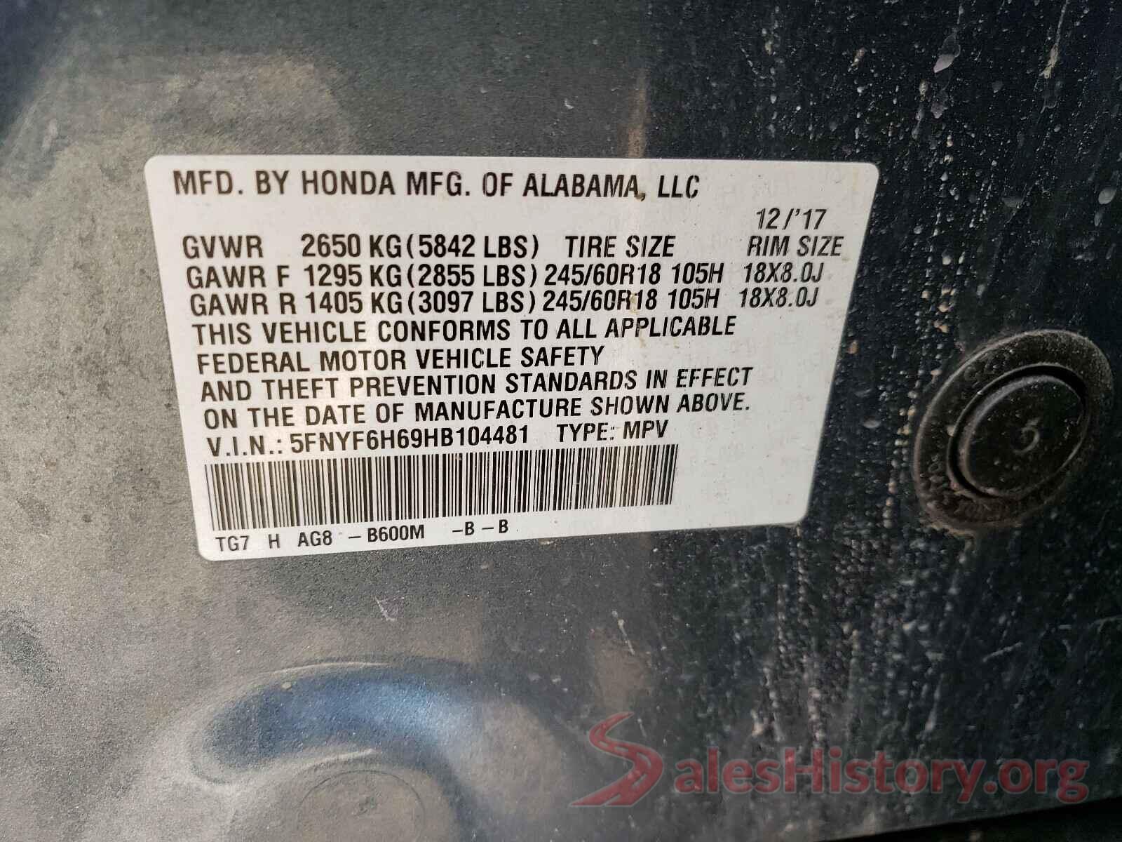 5FNYF6H69HB104481 2017 HONDA PILOT