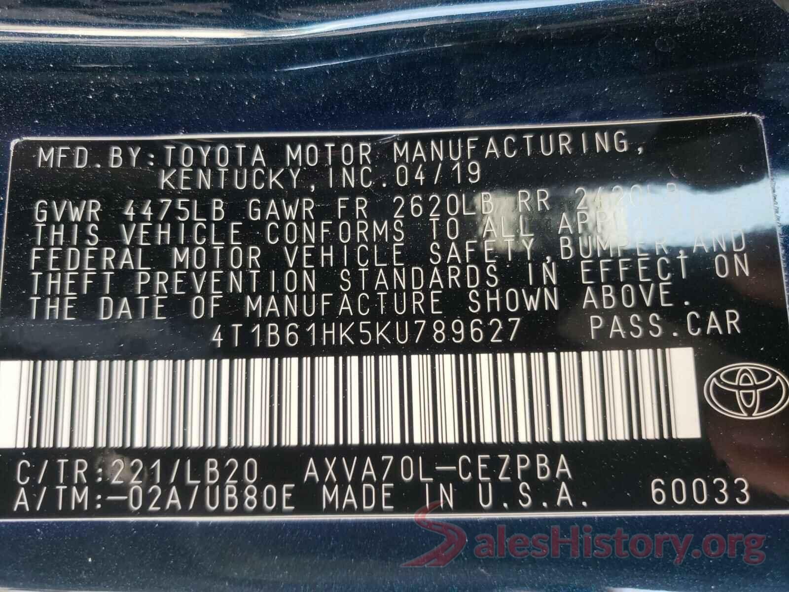 4T1B61HK5KU789627 2019 TOYOTA CAMRY