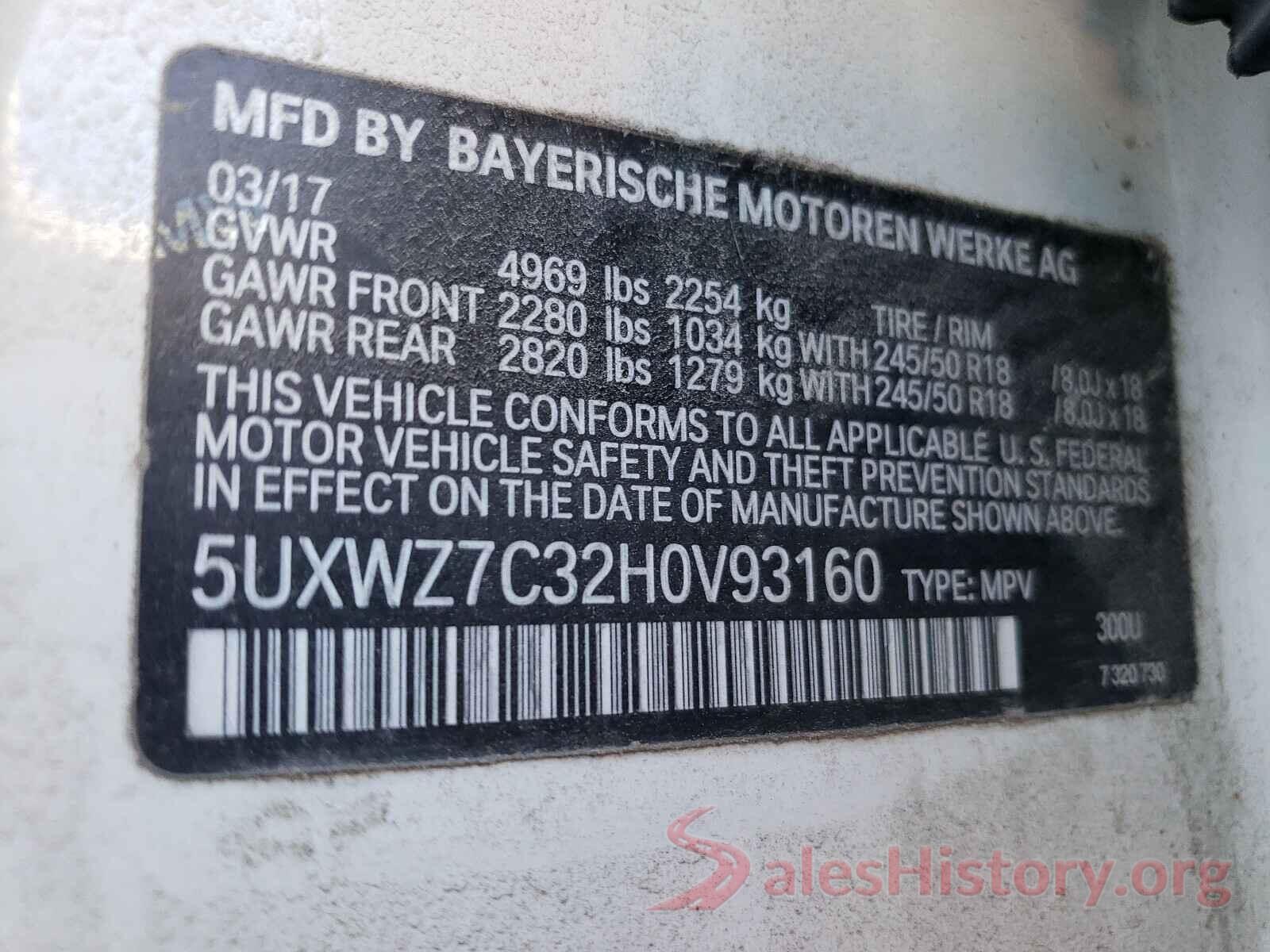 5UXWZ7C32H0V93160 2017 BMW X3