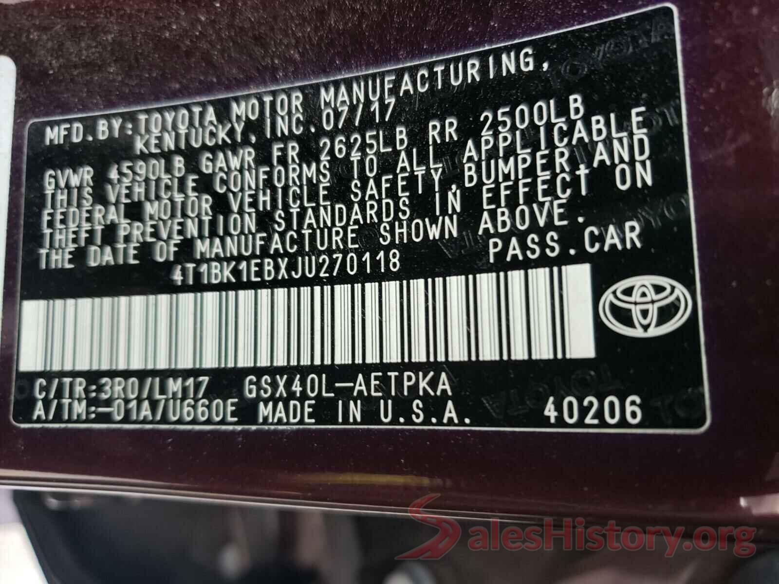 4T1BK1EBXJU270118 2018 TOYOTA AVALON