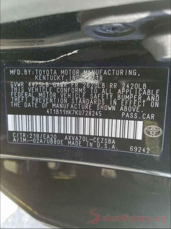 4T1B11HK7KU728245 2019 TOYOTA CAMRY