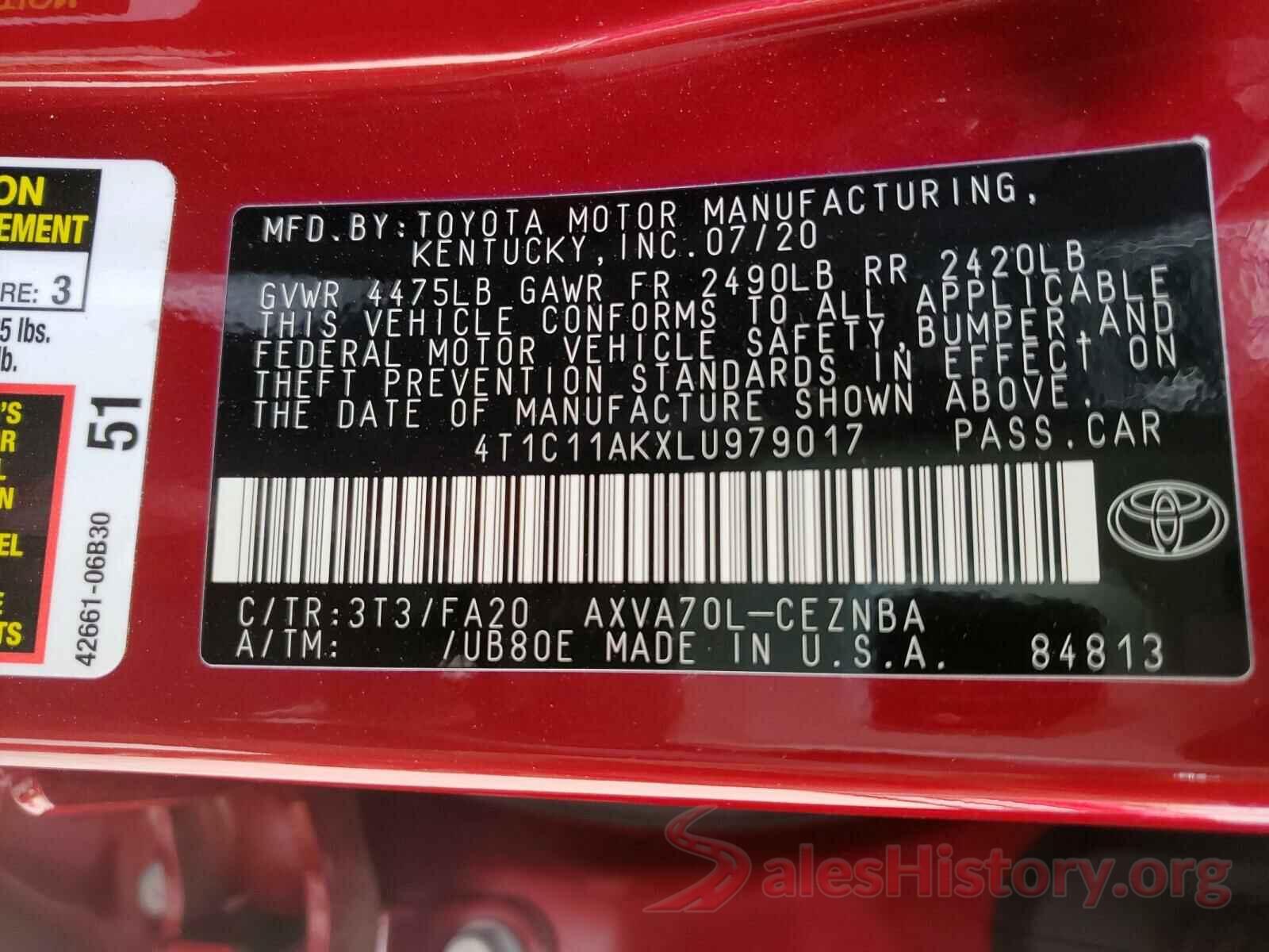 4T1C11AKXLU979017 2020 TOYOTA CAMRY