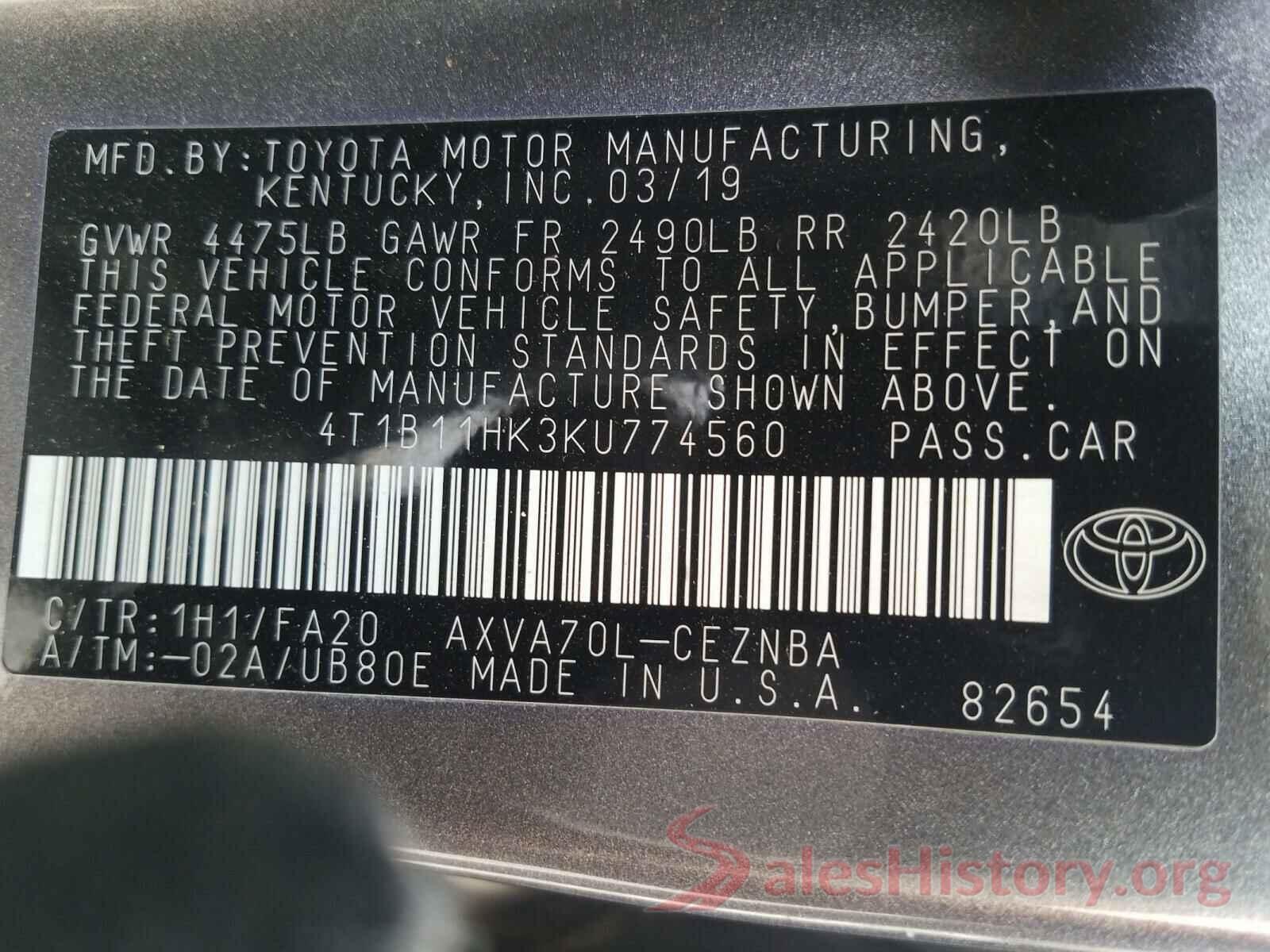 4T1B11HK3KU774560 2019 TOYOTA CAMRY