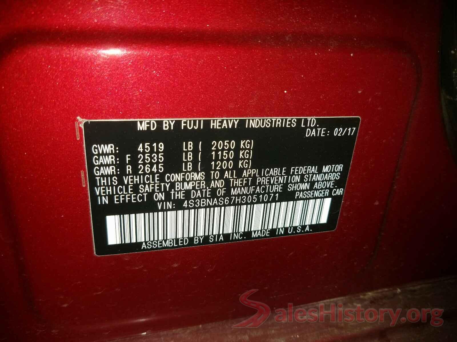 4S3BNAS67H3051071 2017 SUBARU LEGACY